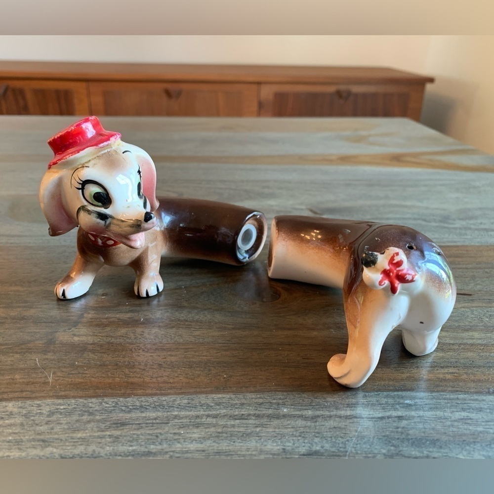 Sausage Dog Salt Pepper Shakers Made in Japan “Hi Friend” Vintage Happy Dog Hat